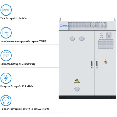 Система збереження енергії DEYE MS-GS215 100kW 768V 280Ah 215kWh LiFePO4 IP54, 200kW MPPT, Fire Extinguisher, Air conditioner (MS-GS215-2H3)